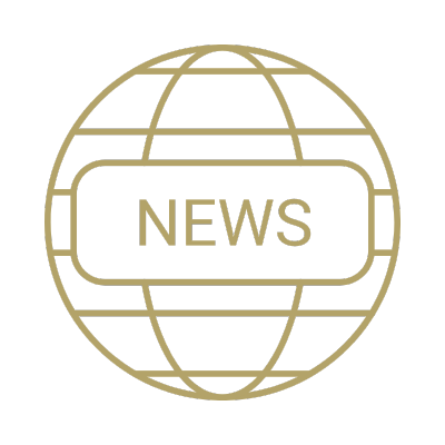 Graphic of an outlined globe with "NEWS" written across in Tech Gold.