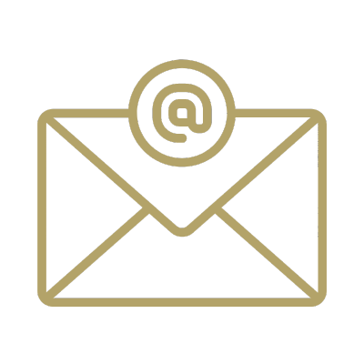 Graphic of a letter with an "at" symbol to indicate an email colored in Tech Gold.