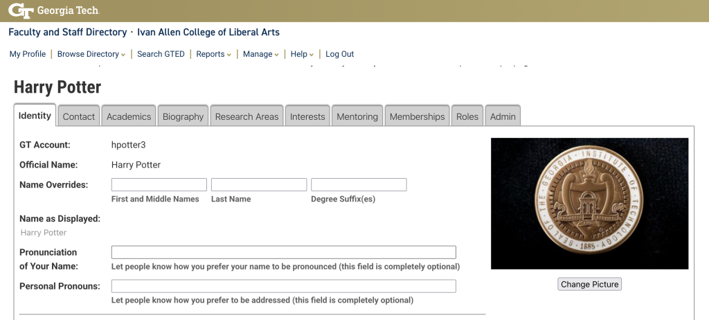 Screenshot of an example faculty profile.